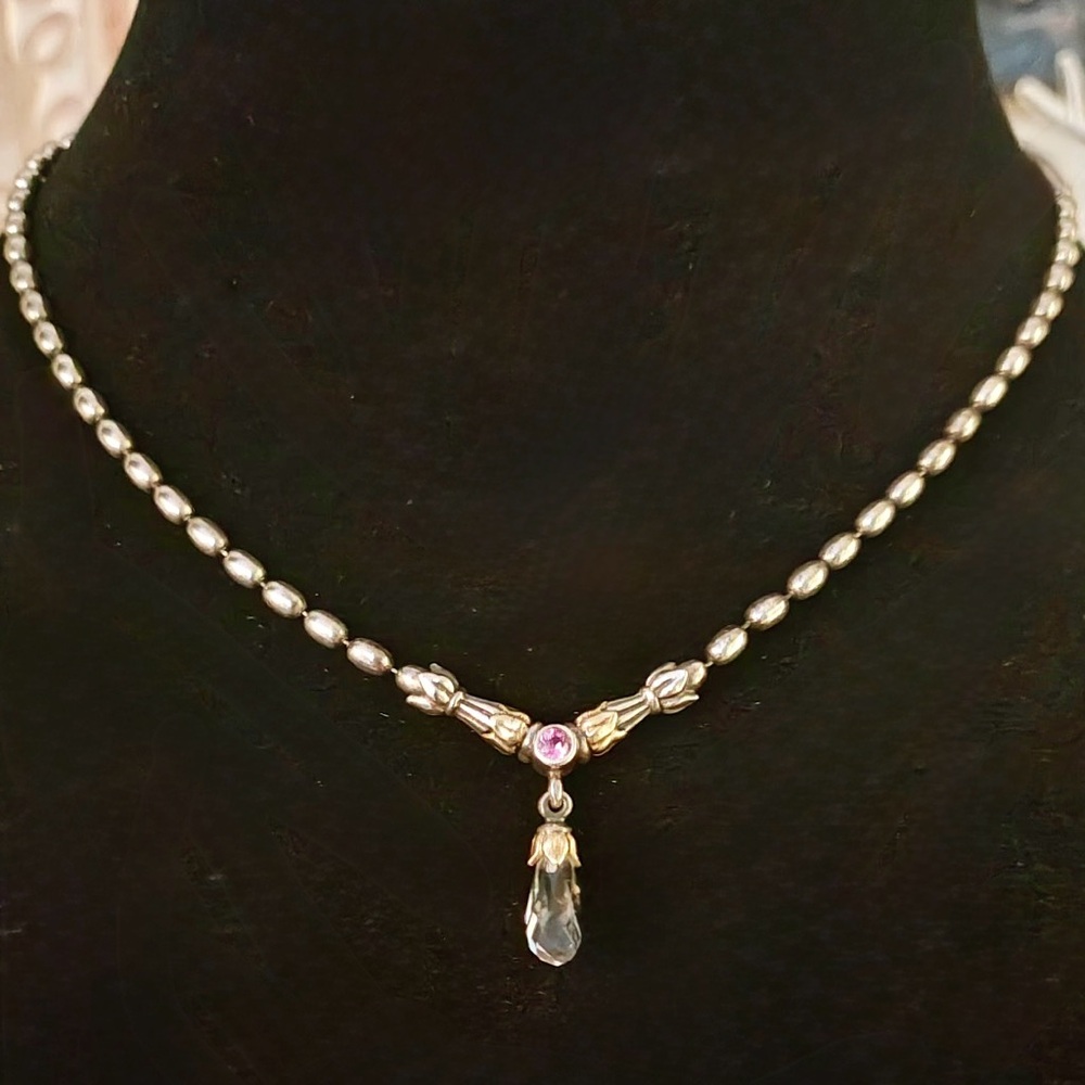 RARE!! Vintage LAGOS Caviar Toggle Necklace with Pink Sapphire Stone and Crystal - Picture 2 of 10